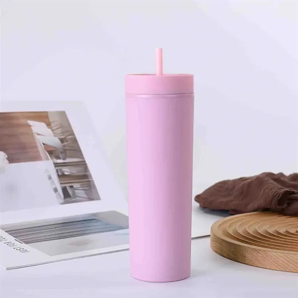 16 oz Plastic Straight Tumbler with Straw Solid Color