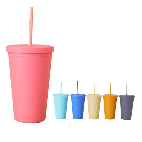 15oz Double Wall Plastic Cup with Lid and Straw Matte Finish