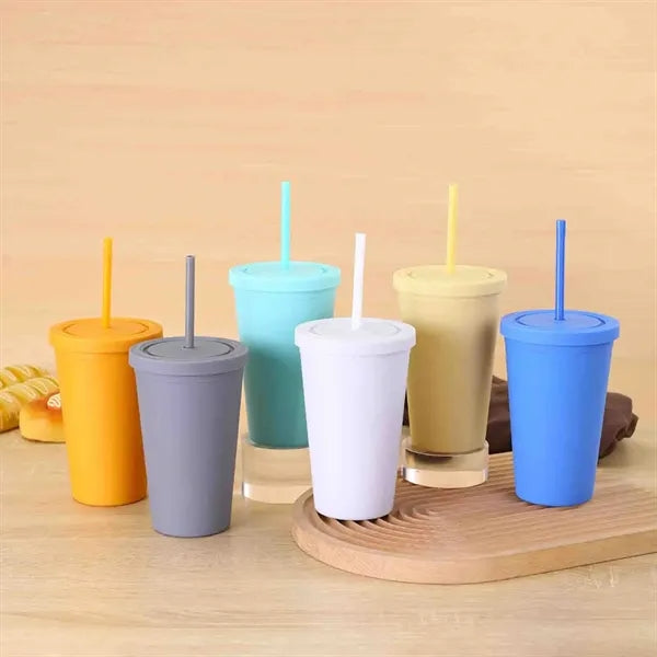 15oz Double Wall Plastic Cup with Lid and Straw Matte Finish