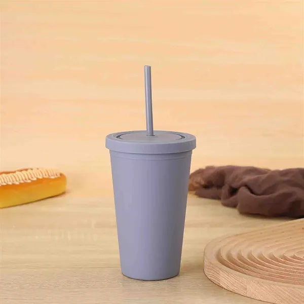 15oz Double Wall Plastic Cup with Lid and Straw Matte Finish