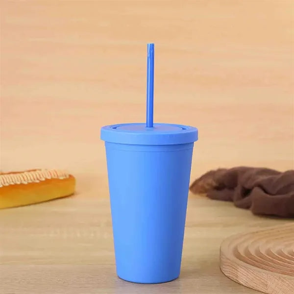 15oz Double Wall Plastic Cup with Lid and Straw Matte Finish