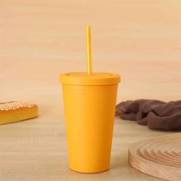 15oz Double Wall Plastic Cup with Lid and Straw Matte Finish