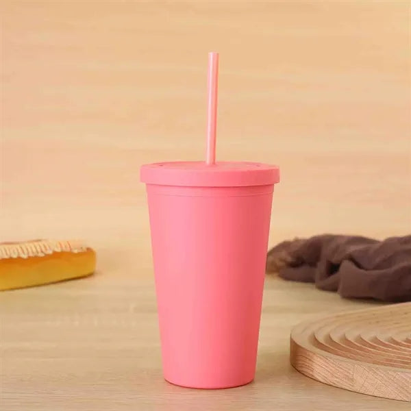 15oz Double Wall Plastic Cup with Lid and Straw Matte Finish
