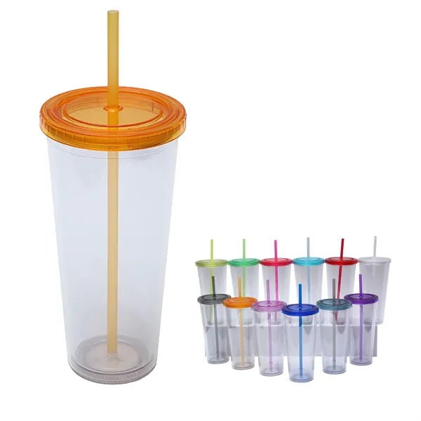 24 oz Double Wall Plastic Cup with Straw and Threaded Lid