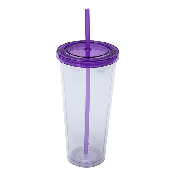 24 oz Double Wall Plastic Cup with Straw and Threaded Lid