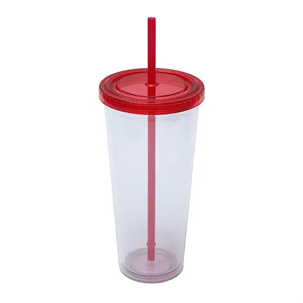 24 oz Double Wall Plastic Cup with Straw and Threaded Lid