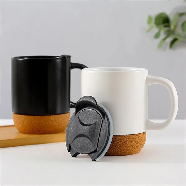 14oz Cork Bottom Ceramic Mug With Leak-proof Lid