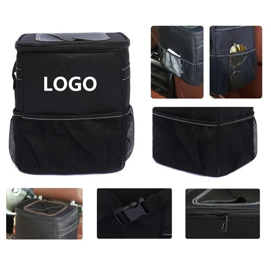 Car Trash Can with Lid and Storage Pockets