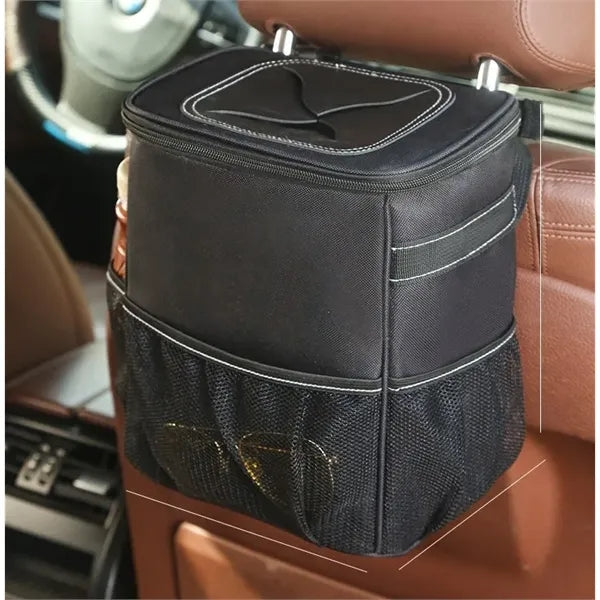 Car Trash Can with Lid and Storage Pockets