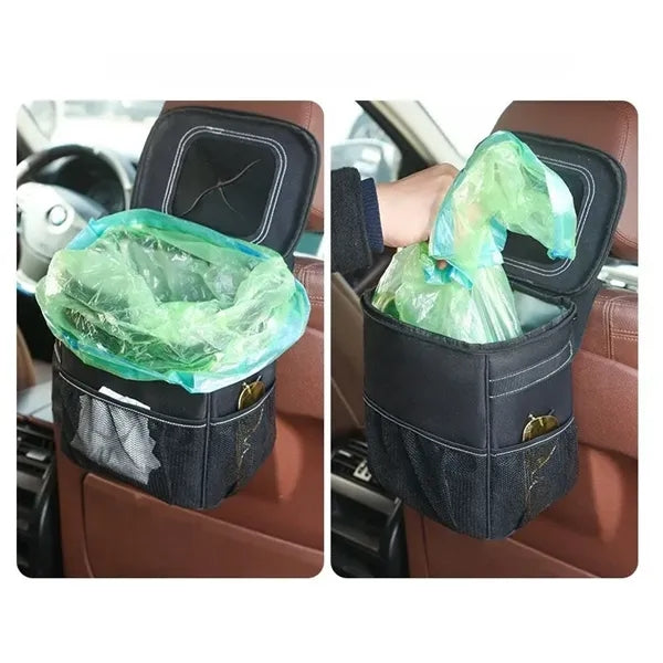 Car Trash Can with Lid and Storage Pockets