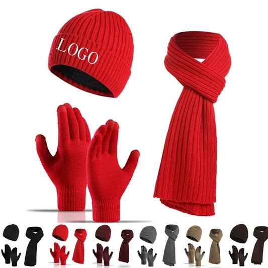 Winter Hat Scarf Gloves Set Touchscreen Compatible