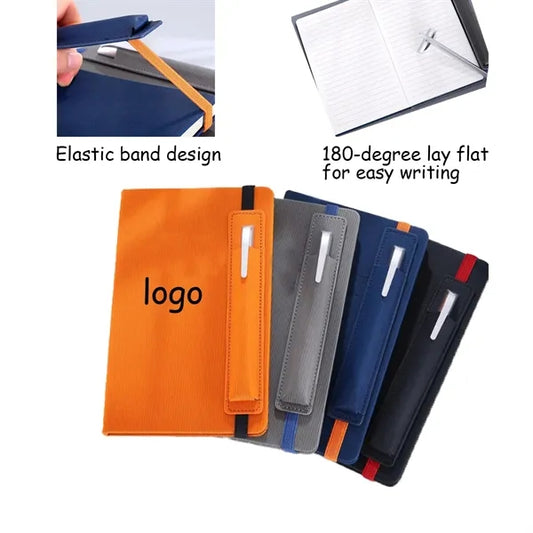 A5 Striped Leather Notebook With Pen Holder