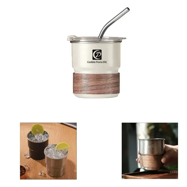10oz Stainless Steel Coffee Cup With Lid Straw And Wooden Ho