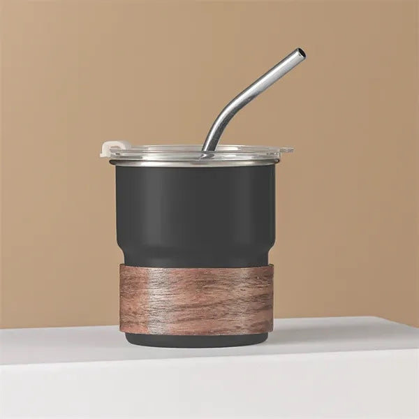 10oz Stainless Steel Coffee Cup With Lid Straw And Wooden Ho
