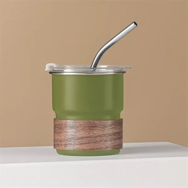 10oz Stainless Steel Coffee Cup With Lid Straw And Wooden Ho