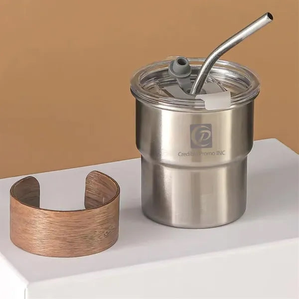 10oz Stainless Steel Coffee Cup With Lid Straw And Wooden Ho