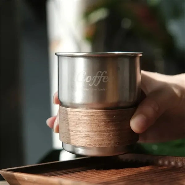 10oz Stainless Steel Coffee Cup With Lid Straw And Wooden Ho
