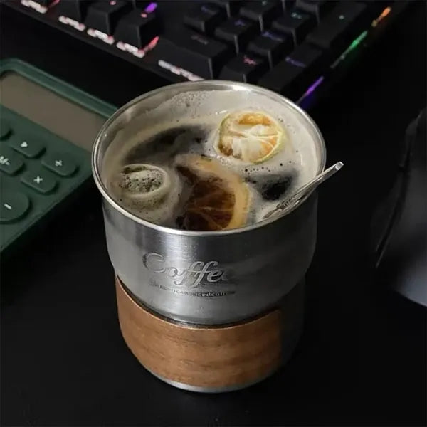 10oz Stainless Steel Coffee Cup With Lid Straw And Wooden Ho