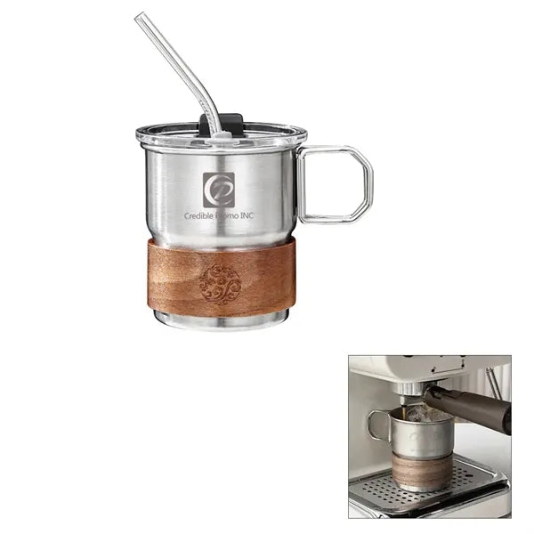 10oz Stainless Steel Coffee Cup Set With Wooden Holder And H