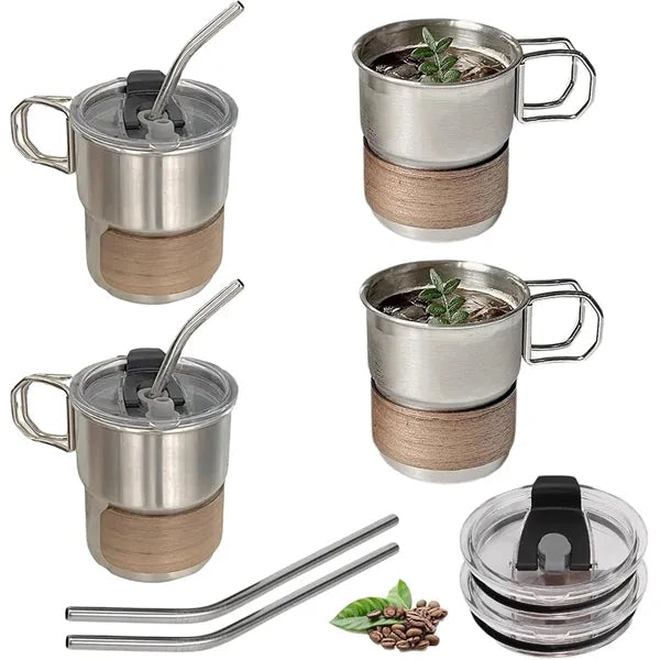 10oz Stainless Steel Coffee Cup Set With Wooden Holder And H