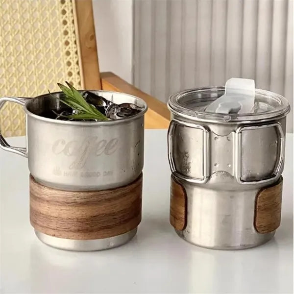 10oz Stainless Steel Coffee Cup Set With Wooden Holder And H
