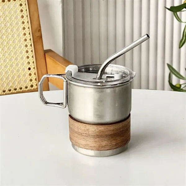 10oz Stainless Steel Coffee Cup Set With Wooden Holder And H