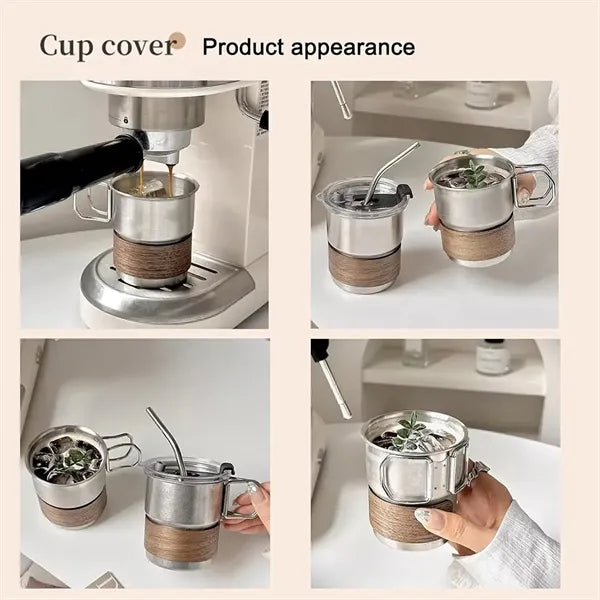 10oz Stainless Steel Coffee Cup Set With Wooden Holder And H