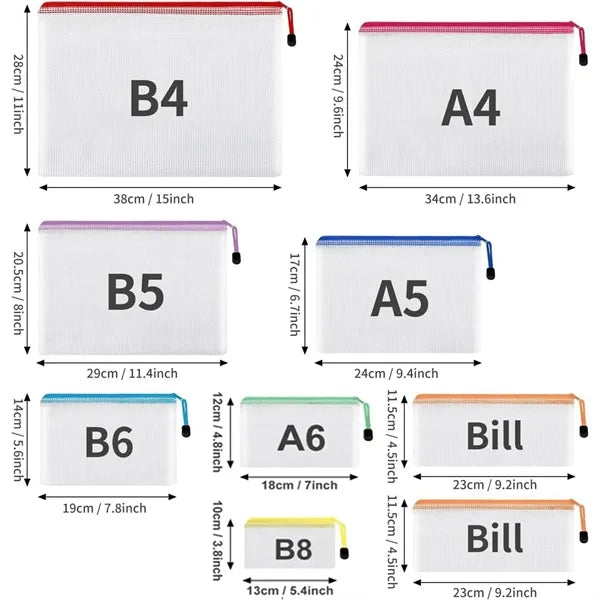 A4 Waterproof Mesh Zipper Pouch Bags School Office Supplies