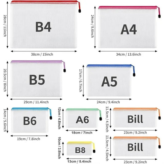 A4 Waterproof Mesh Zipper Pouch Bags School Office Supplies
