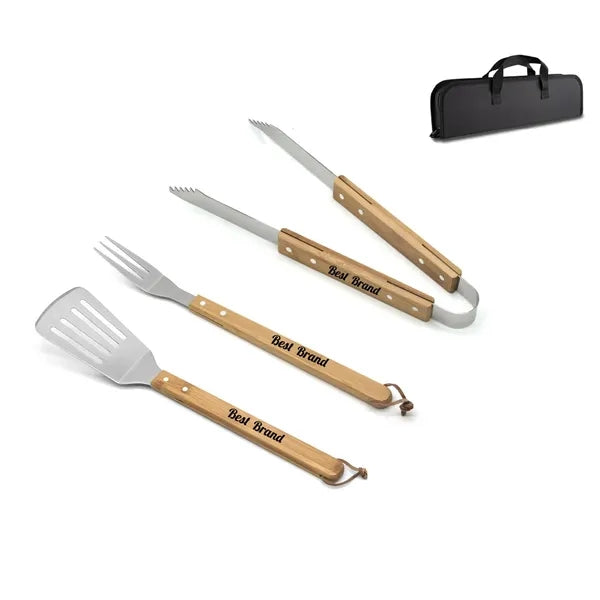 Stainless Steel Bbq Set With Wooden Handles And Storage Bag