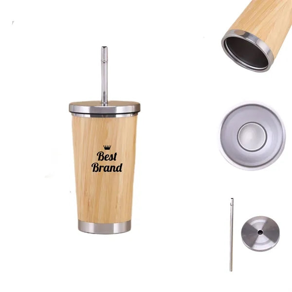 15 Oz Stainless Steel Bamboo Coffee Cup With A Straw