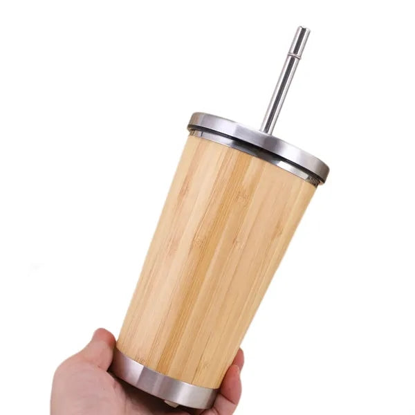 15 Oz Stainless Steel Bamboo Coffee Cup With A Straw
