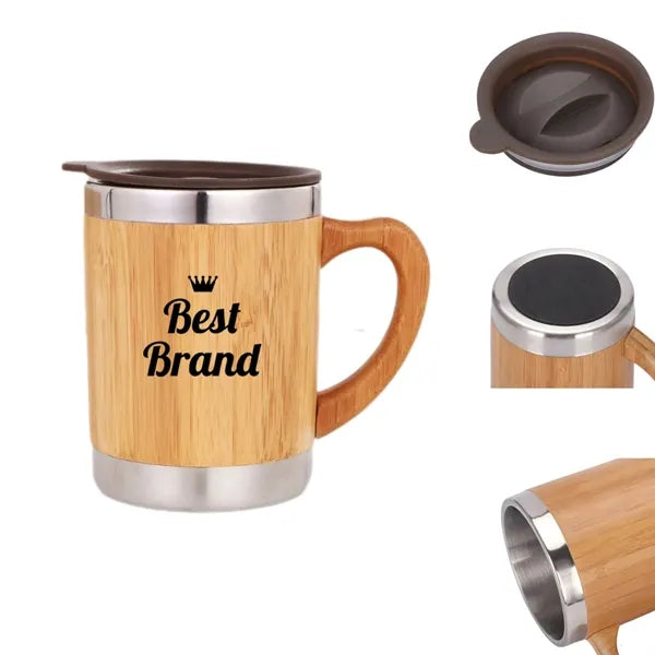 10 Oz Stainless Steel Bamboo Coffee Mug With Handle