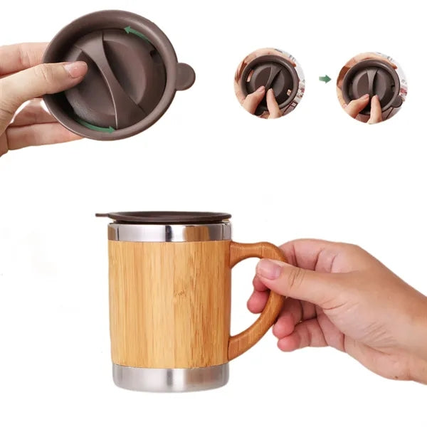 10 Oz Stainless Steel Bamboo Coffee Mug With Handle