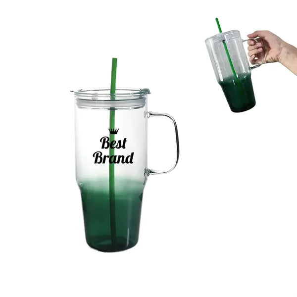 40 Oz Clear Glass Tumbler With Handle And Straw Lid