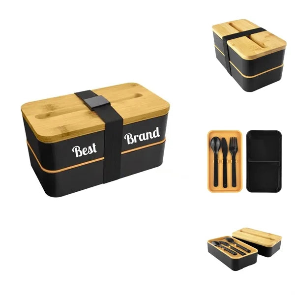 Double Bamboo Lunch Box With Cutlery