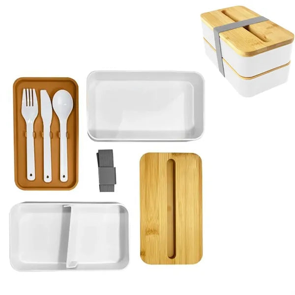 Double Bamboo Lunch Box With Cutlery
