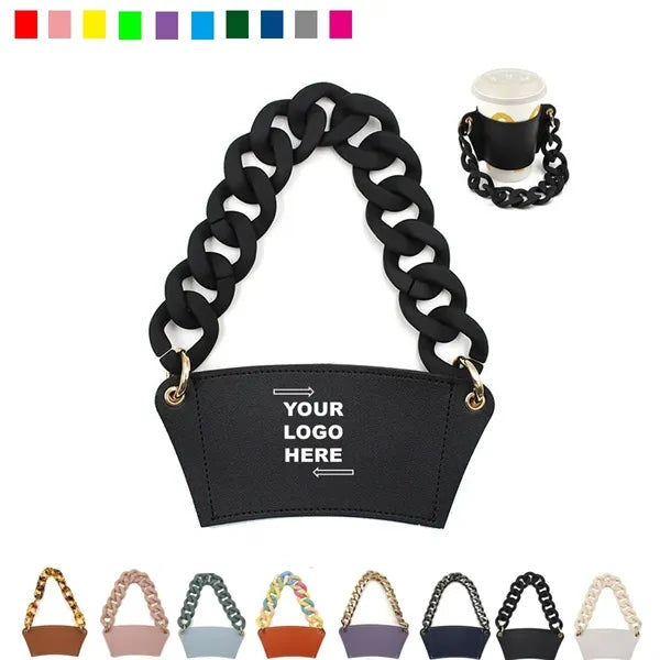 Leather Coffee Cup Sleeve With Pearl Chain Strap