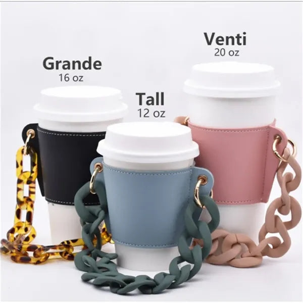 Leather Coffee Cup Sleeve With Pearl Chain Strap