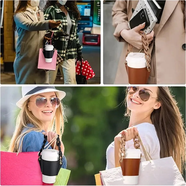 Leather Coffee Cup Sleeve With Pearl Chain Strap
