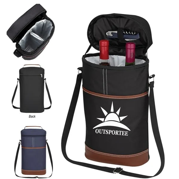 Insulated 2 Bottle Wine Cooler Tote Leather Trim Travel Bag