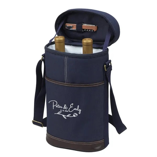 Insulated 2 Bottle Wine Cooler Tote Leather Trim Travel Bag