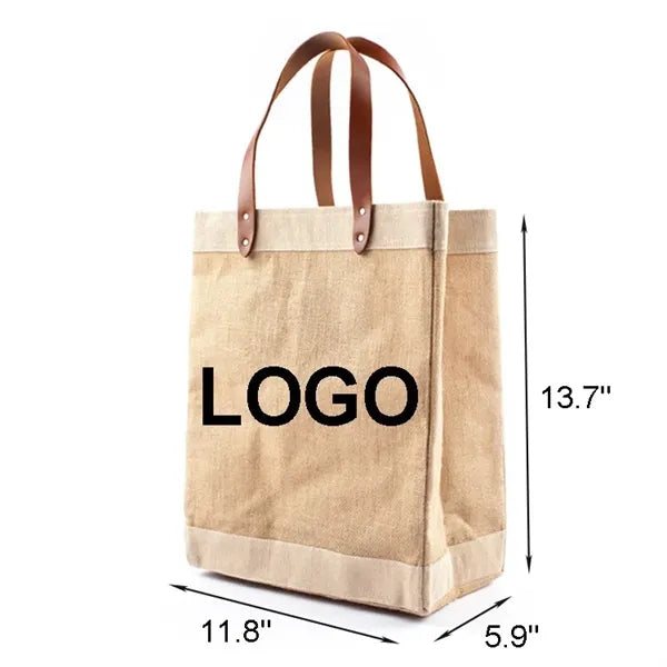 Eco-friendly Jute Grocery Tote Bag w/PU Leather Handles