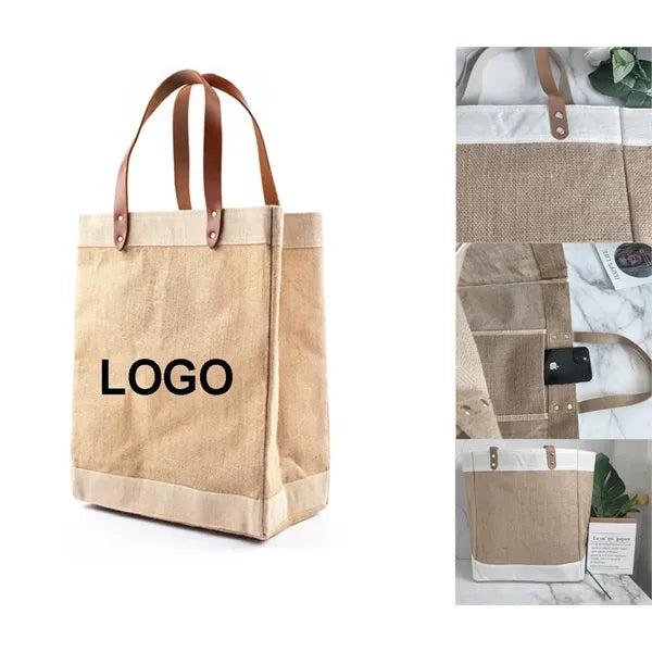 Eco-friendly Jute Grocery Tote Bag w/PU Leather Handles