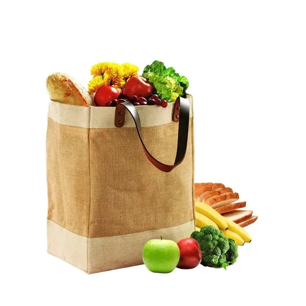 Eco-friendly Jute Grocery Tote Bag w/PU Leather Handles