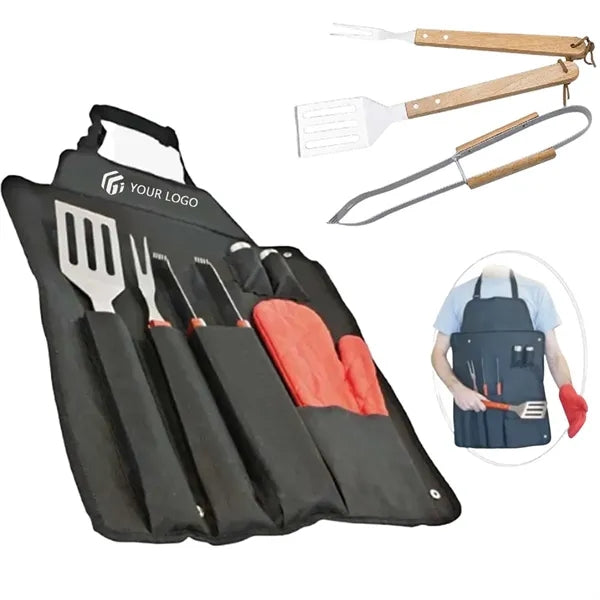 Portable Wooden Handle BBQ Fork Spade Clamp Grill Apron Set