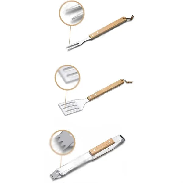 Portable Wooden Handle BBQ Fork Spade Clamp Grill Apron Set