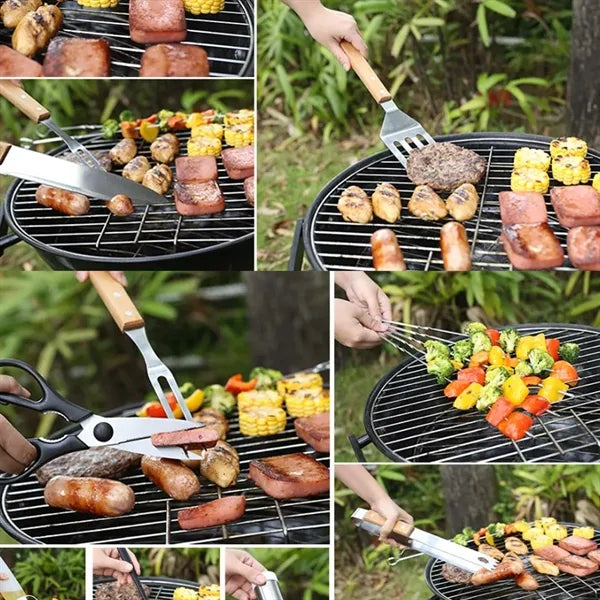 Portable Wooden Handle BBQ Fork Spade Clamp Grill Apron Set