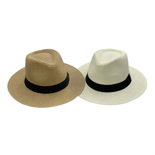 Wide Brim Straw Fedora Beach Hat with Custom Band