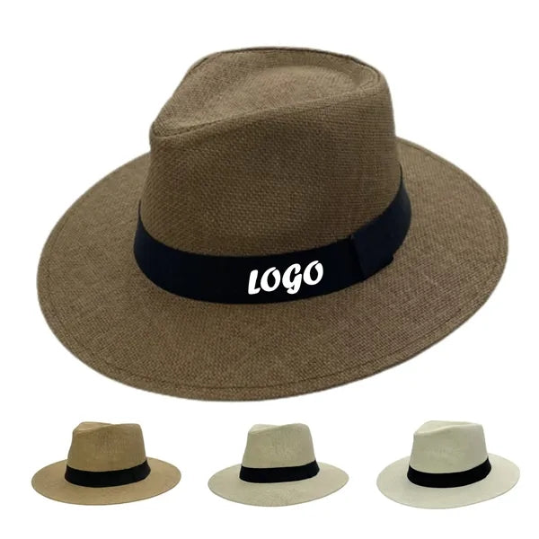 Wide Brim Straw Fedora Beach Hat with Custom Band